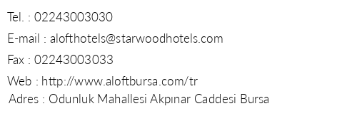 Aloft Bursa Hotel telefon numaralar, faks, e-mail, posta adresi ve iletiim bilgileri